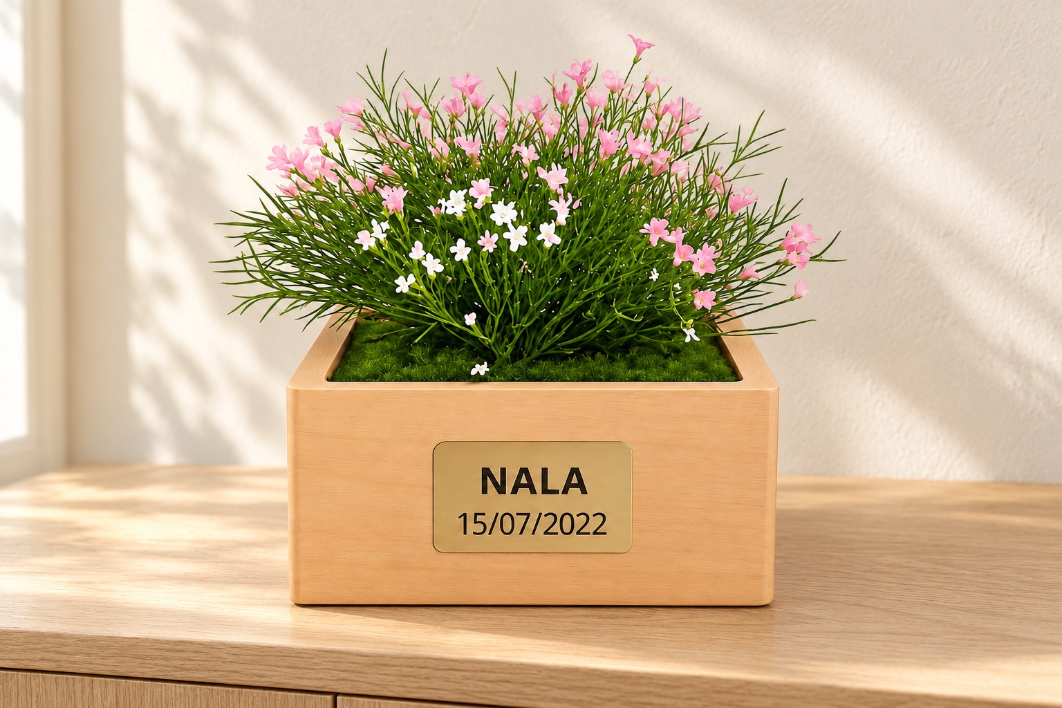 Urne Marguerite Rose avec plaque personnalisée portant le nom NALA et la date 15/07/2022, dans un intérieur lumineux.