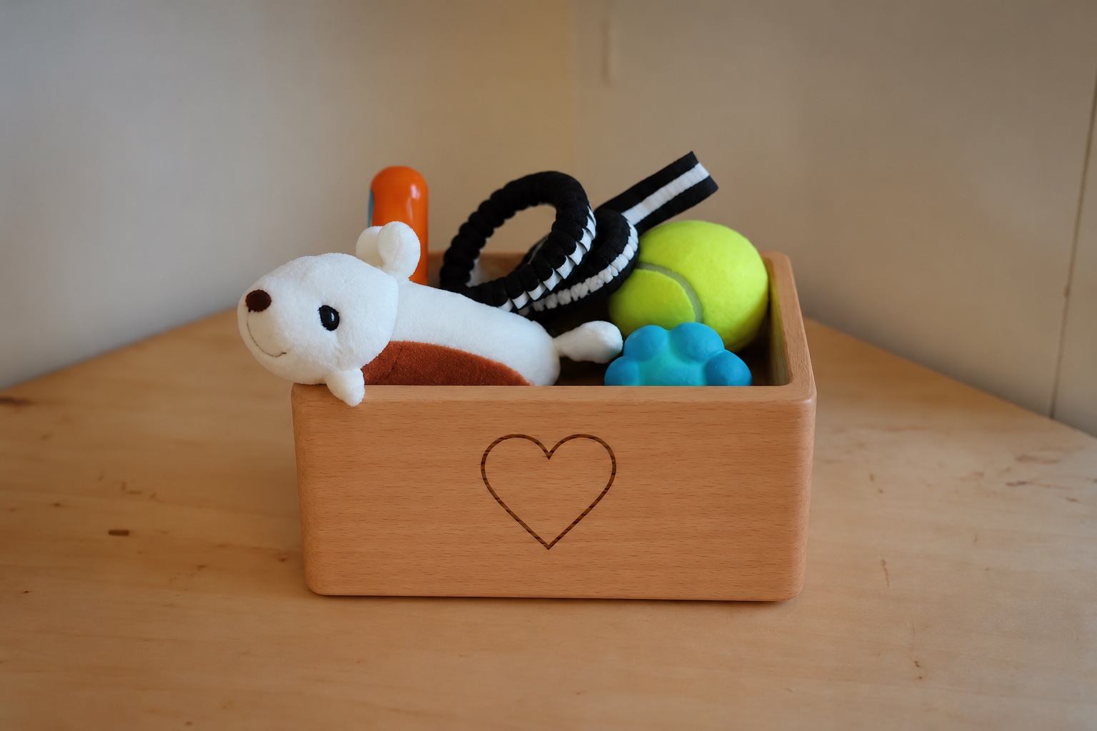 Urne Trésor PT en hêtre avec cœur gravé, contenant une peluche et des jouets souvenirs dans un intérieur lumineux.