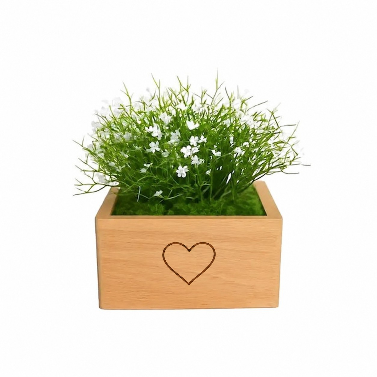 Urne Marguerite blanche aus Buchenholz mit künstlichen weißen Margeriten und einem in die Holzfront eingravierten Herz.