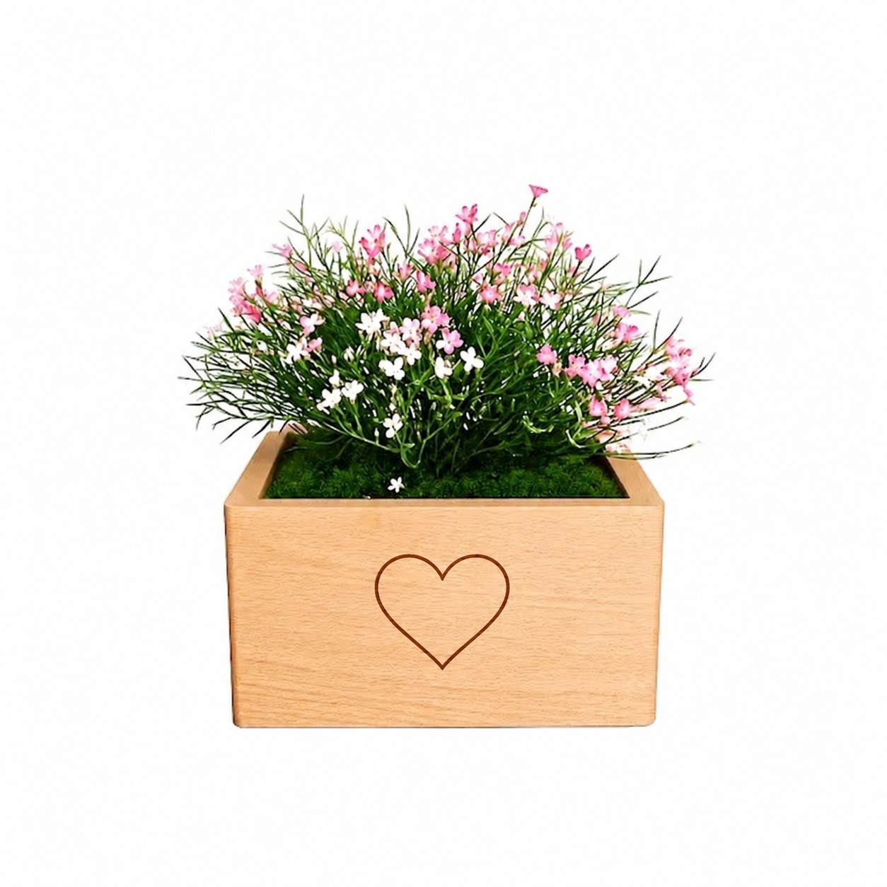 Urne Marguerite rose aus Buchenholz mit künstlichen rosa Margeriten und einem in die Holzfront eingravierten Herz.