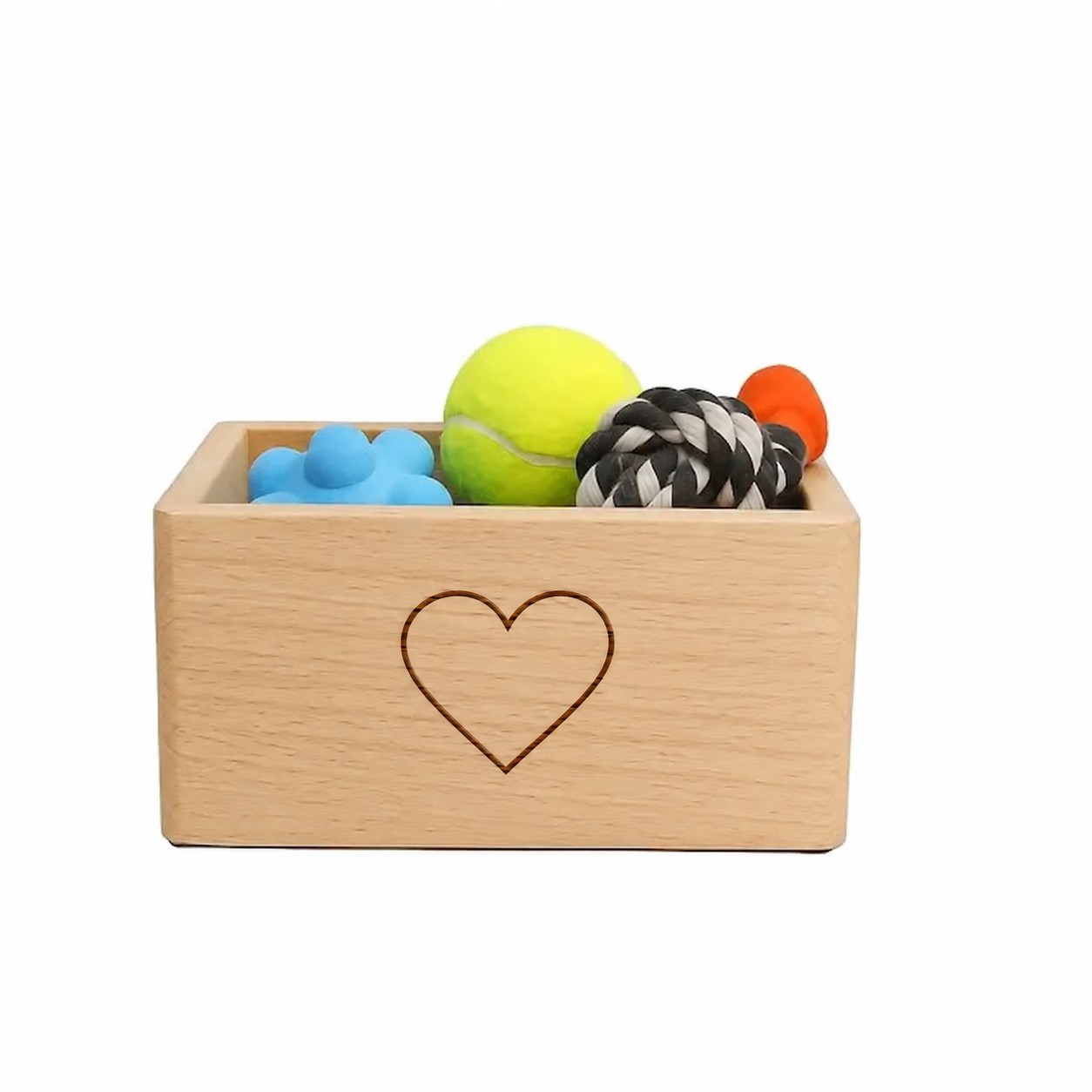 Kleine Trésor Urne aus Buchenholz mit gelbem Tennisball, schwarz-weißem Seil und Herzgravur.