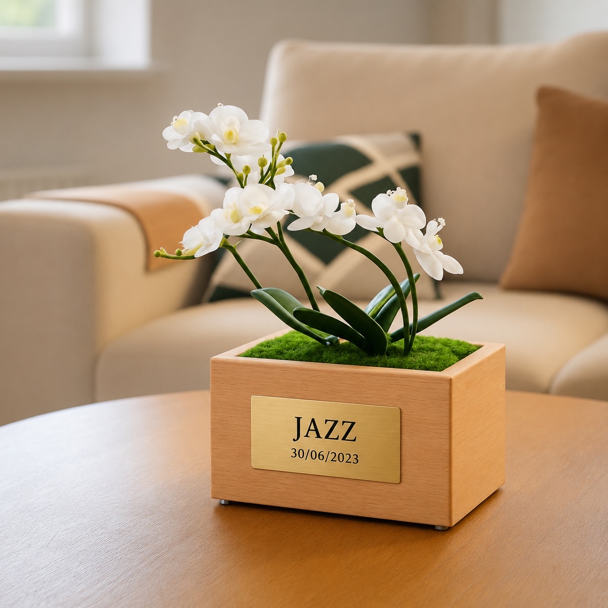 Tierurne Orchidée aus Buchenholz mit künstlichen weißen Orchideen und personalisierter Gedenkplakette JAZZ vom 30.06.2023 in einem hellen Wohnraum.