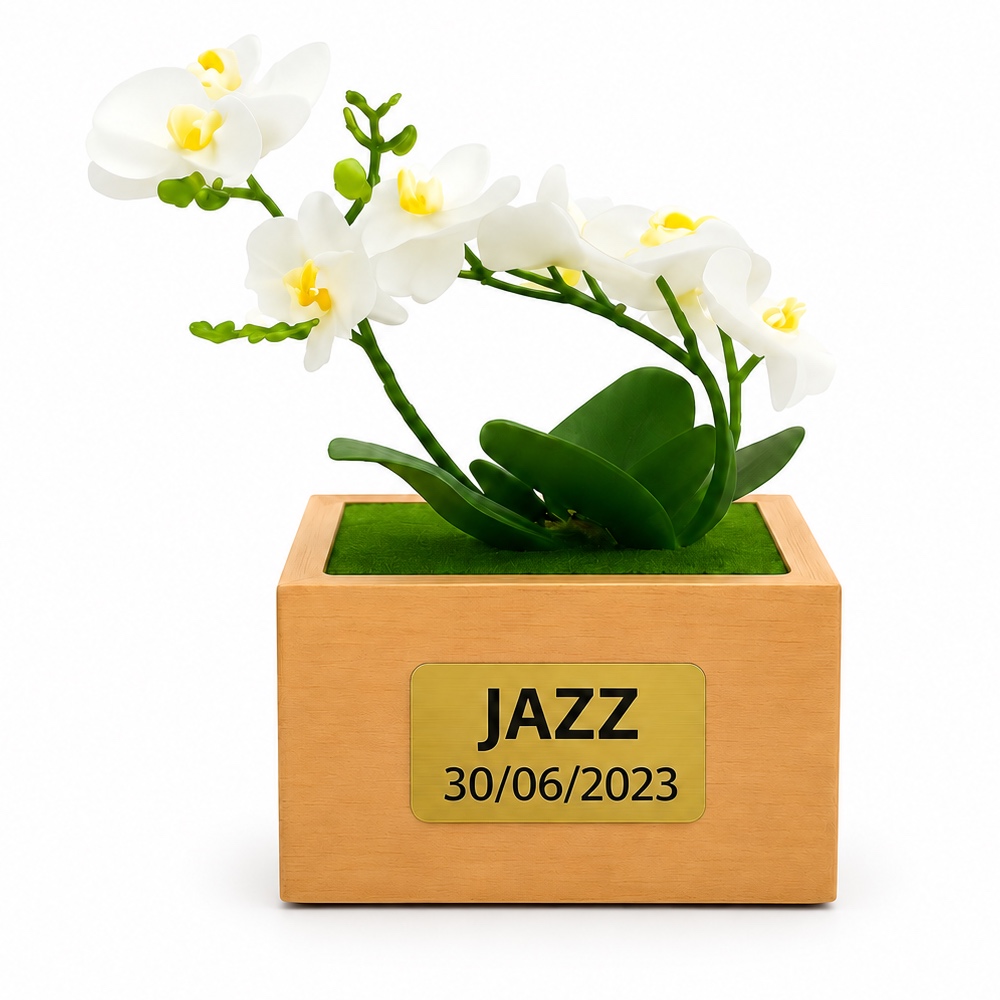 Tierurne Orchidée aus Buchenholz mit künstlichen weißen Orchideen und personalisierter Gedenkplakette JAZZ vom 30.06.2023.